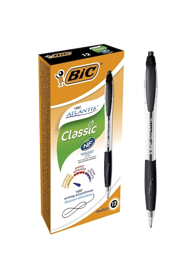 Bıc Atlantis Classic Basmalı Tükenmez Kalem 0,32 Mm, Kutuda 12 Adet Siyah ---