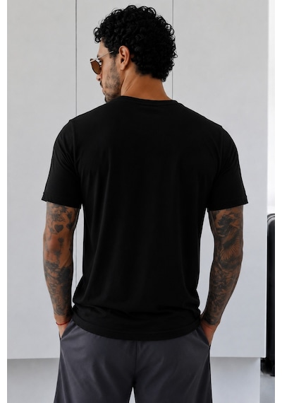 Tarz Cool Erkek Flamlı Pamuklu V Yaka Basic Slim Fit Tişört Yazlık Günlük Şık Tişört Siyah