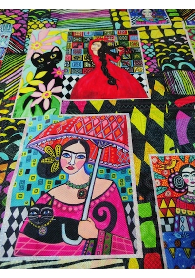 Renkli Geometrik Zeminli Frida Kahlo Desenli Kumaş