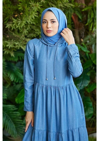 Neways 6531-Kapüşonlu Reglan Kollu Elbise Mavi