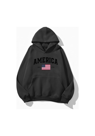 Uyguntarz Unisex Yumuşak Dokulu America Baskılı Tasarım Oversize 3 İplik Hoodie Sweatshirt Gri