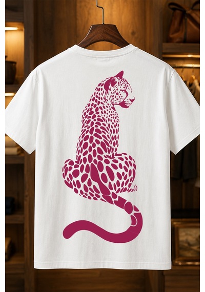 Spoyi Panter Silüeti Tasarımlı %100 Pamuk Yarım Oversize Beyaz T-shirt