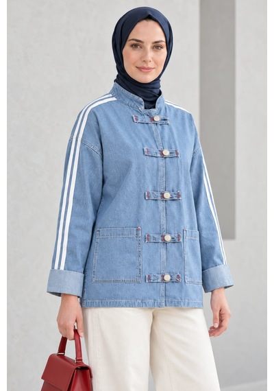 Hb Harma Time Butik Kadın Çizgi Detaylı Düğmeli Cepli Kot Mavi Ceket