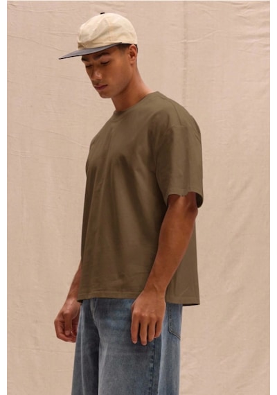 Erkek %100 Organik Pamuklu Kalın Dokulu Comfort Fit Bisiklet Yakalı T-shirt Kahverengi