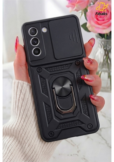 Fibaks Galaxy S21 Fe Uyumlu Kılıf Kamera Korumalı Sürgülü Yüzüklü Armor Military Tank Zırh