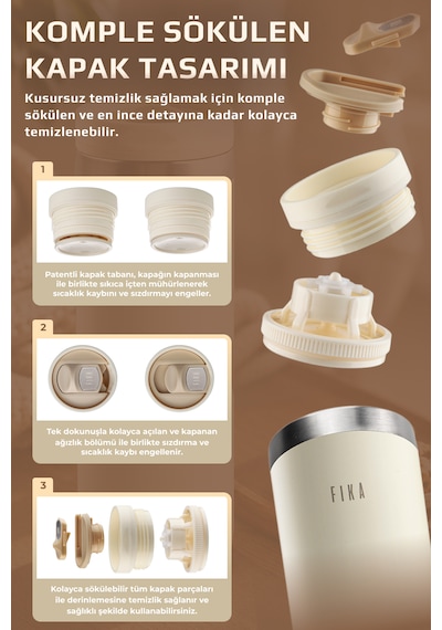 Neoflam Fika Tauko Sızdırmaz Kolay Sökülebilir Temizlenebilir Patentli Kapak Çelik Bardak Termos 470 Ml Bej