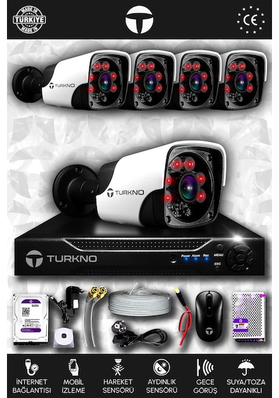 Turkno 5 Kameralı Pania 5 Dış Kamera Set 320 GB HDD Full HD Gece Görüşlü Güvenlik Kamerası Sistemi