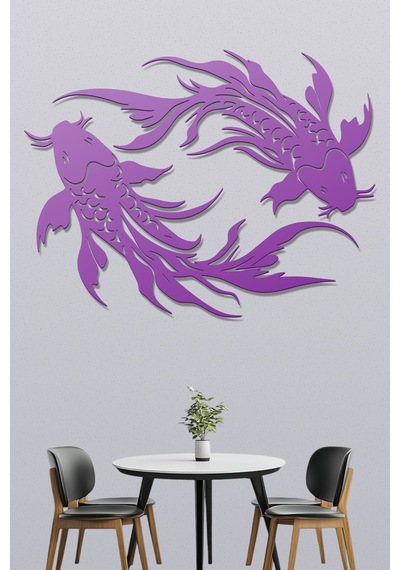 Koi Balıkları Metal Duvar Tablosu - Metal Duvar Sanatı - Mor - 30 X 23 Cm