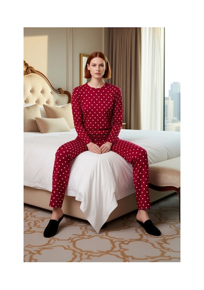 Ersefa Kadın Puantiye Ve Kalp Baskılı Örme Pijama Takımı Fonksiyonel Day bordo