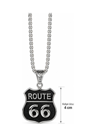 316l Çelik Route 66 Amblem Erkek Kolye Gümüş Renk Zincirli Yol Temalı Tasarım Altın - Gümüş