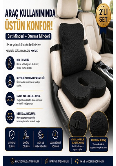 2 Li Ortopedik Visco Minder Seti Ergonomik Bel, Sırt Ve Kuyruk Sokumu Desteği Siyah