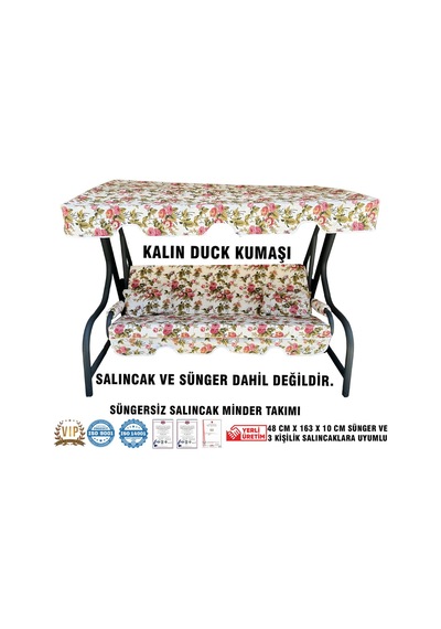 Lüks Duck Vip Salıncak Minder Seti 3 Kişilik Süngersiz Tenteli-ingiliz Gülü-salıncak Minder Seti Pembe