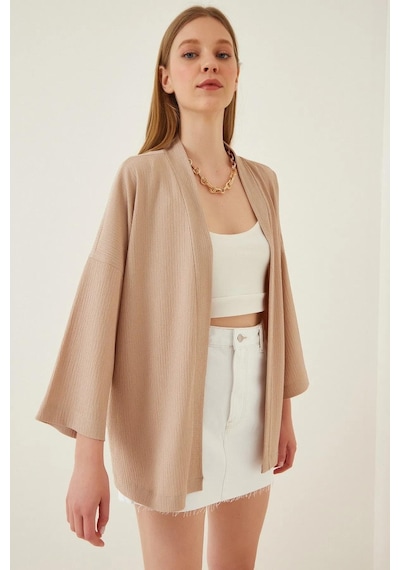 Trend Alisse Kadın Taş Bürümcük Kimono Ceket-düz Taş/bej Bej