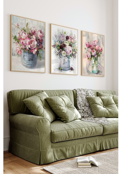Ahşap Çerçeveli Mdf Tablo Seti Salon Ve Oturma Odası İçin Çiçekler Çt3070 42 X 62 Çok Renkli