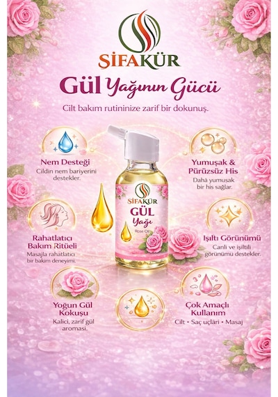 Şifakür %100 Saf Doğal Gül Yağı Damlalıklı Cilt Saç Masaj Bakımı 20ml