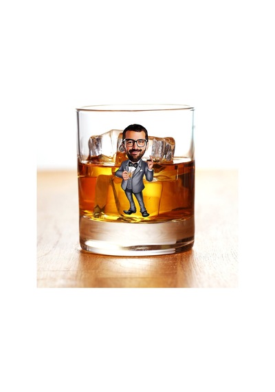 Kişiye Özel Renkli Baskılı Erkek Patron Karikatürlü Viski Bardağı Çok Renkli