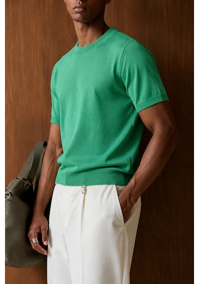 Tarz Cool Erkek Bisiklet Yaka Kısa Kollu İnce Triko Slim Fit Günlük Şık Triko T-shirt Yeşil