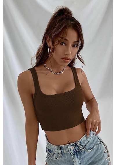Askılı Fitilli Crop Top Bluz - Kahverengi Kahverengi