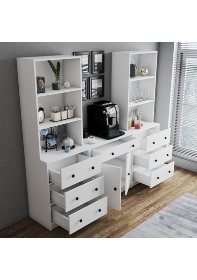 K11-2k22 Kahve Köşesi Çekmeceli Raflı Düzenleyici Beyaz