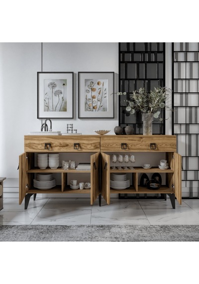 Elara Konsol 180 Cmı Ceviz,metal Ayaklı 4 Kapaklı 2 Çekmeceli Modern Konsol Ceviz