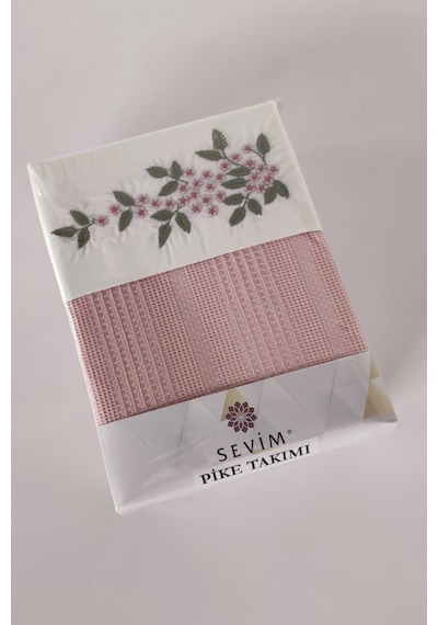Tek Kişilik 3 Parça Nakışlı Waffle Dokuma Pike Takımı-hediyelik Petekli Pike Legacy-pudra Pudra Pudra
