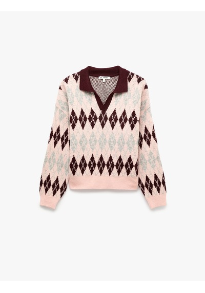 Koton Regular Fit Polo Yaka Uzun Kollu Triko Baklava Desenli Kazak Bordo Desenli 7wal90118ht