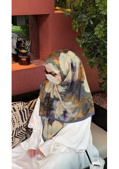 Qalortex Scarf Pamuklu Soft Meva Desen Eşarp-lacivert