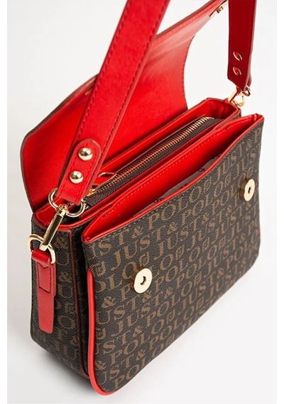 Just Polo Kadın Baskılı Ayarlanabilir Askılı Şık Ve Lüks El & Omuz Çantası Shoulder Bag Kahverengi - Kırmızı