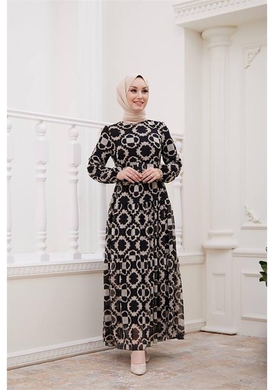 Neşeli Butik Kadın Kemerli Yeni Sezon Tesettür Elbise Sms016 Siyah