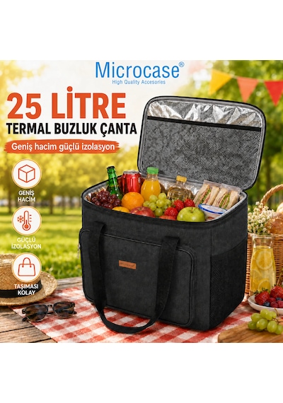 Microcase 18 Lt 5 Gözlü Termos Çanta Isı Yalıtımlı Piknik Kamp Plaj Balıkçı Soğutucu Çanta Al5649 Siyah