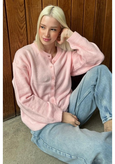 Madmext Pembe Rahat Kalıp Düğmeli Triko Kadın Hırka Mg2552 Pembe
