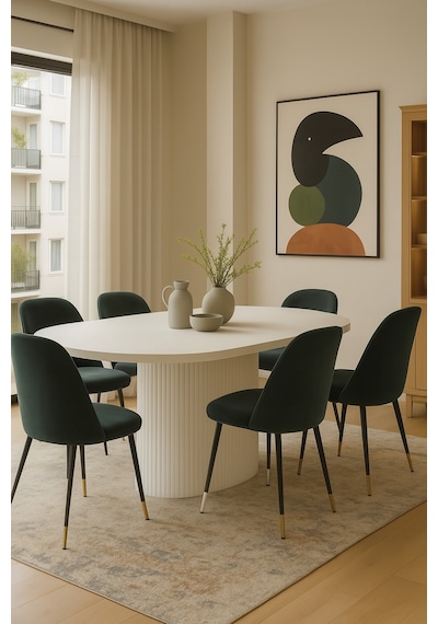 Dolunay 180x90x75cm 36mm Kalın Kenarlı Oval Beyaz Sütunlu Yemek Masası Sadece Masadır Beyaz
