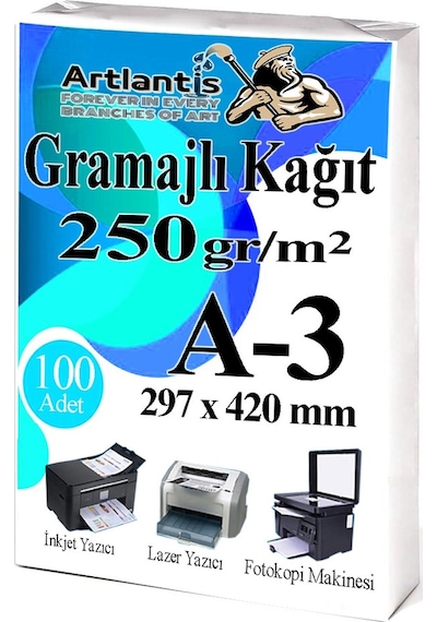 A3 Gramajlı Fotokopi Kağıdı 100 Adet 250 Gr Sertifika Kağıdı Kalın Kağıt Baskı Tüm Yazıcılara Uyumlu 29,7x42cm Ofis Büro