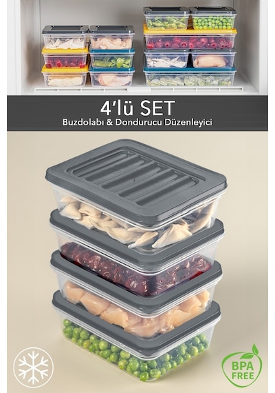 Meleni Home 4'lü Buzdolabı Organizer Mikrodalga Ve Difrize Uygun Saklama Kabı Antrasit 4 X 600 Ml Çok Renkli
