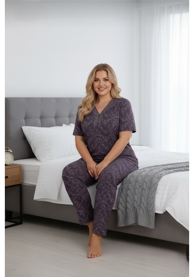 Eyfuze Kadın Büyük Beden Yakası Düğmeli Kısa Kollu Bambu Pijama Takımı Füme