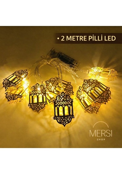 Ramazan Kandili Figürlü 2 Metre Pilli Gold Metal Dekoratif Led Işık Zinciri