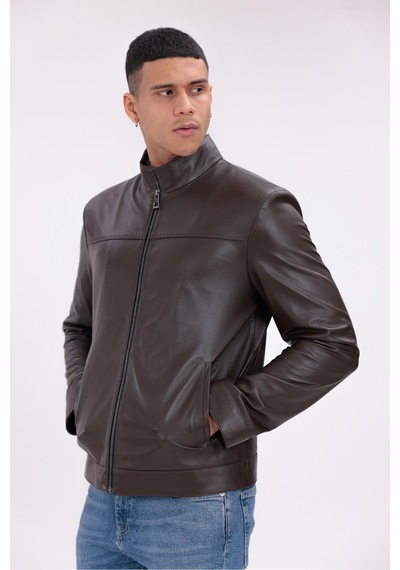 M M Marki Marki Hakiki Deri Erkek Ceket Kahverengi Dik Yaka Fermuarlı Punto Dikişli 68 Cm Regular Fit - 504922