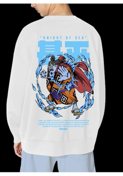 Unisex Beyaz Jinbei Baskılı Hoodie Oversize Kapşonsuz Sweatshirt Beyaz