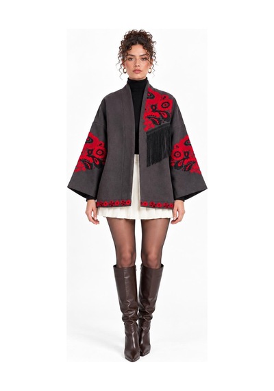 Saade Füme Etnik Çiçek Nakışlı Püsküllü Kimono Ceket Fume