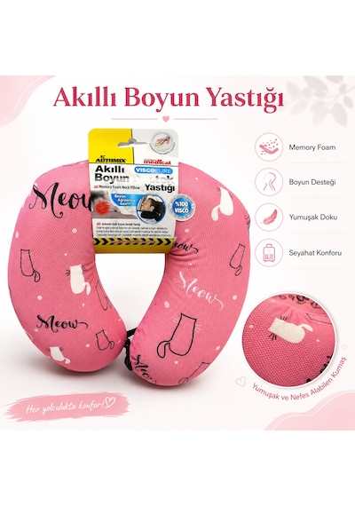 Akıllı Boyun Destek Yastığı Visco Hafızalı Süngerli Seyahat Yastığı Pembe Kedi Desenli 01