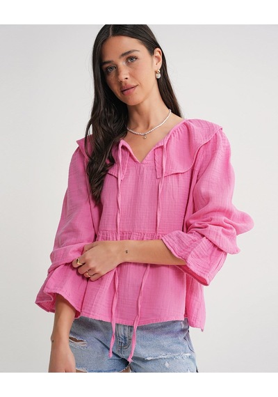 Mixray 4714 Kadın Yakası Volanlı Bol Müslin Bluz Pembe