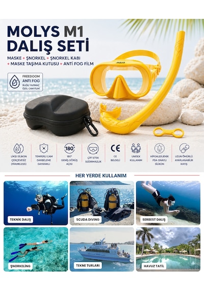 M1 Molys Dalış Maskesi + Kutusu + Şnorkel Seti Sarı