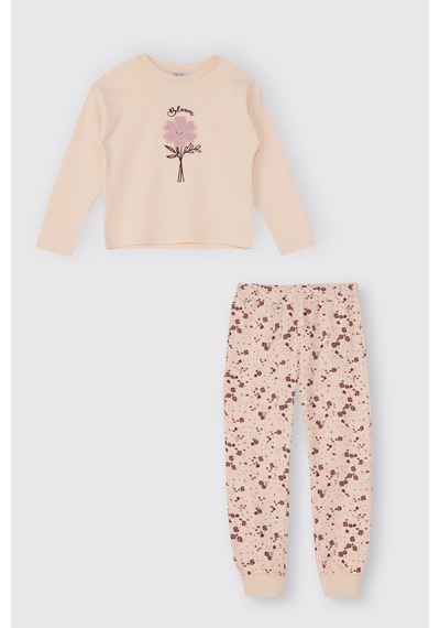 Panço Kız Çocuk Çiçek Desenli Bej Pijama Takımı Krem
