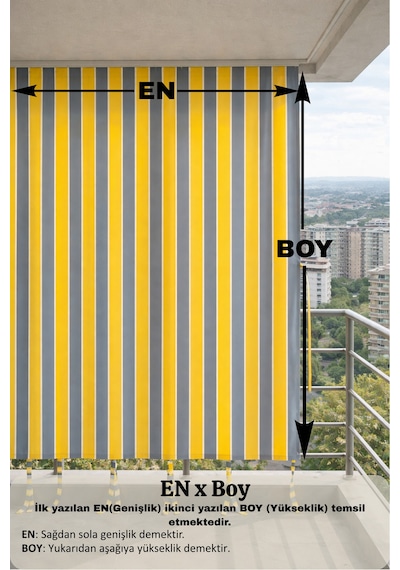 Sarı-gri Balkon Perdesi Kornişli Bağcıklı Su Geçirmez Dış Mekan Dayanıklı Modern Balkon Brandası