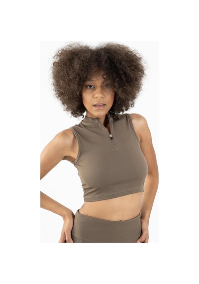 Maraton Active Slimfit Kadın Balıkçı Yaka Kolsuz Koşu Kakao Crop Top 22257 Kahverengi