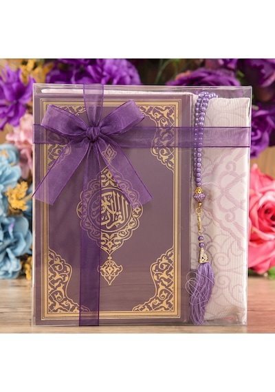 Hediyelik Kuran-ı Kerim, İnci Tesbih, Seccade, Asetat Kutulu 25x18 Cm Mevlid Paketi- Mor
