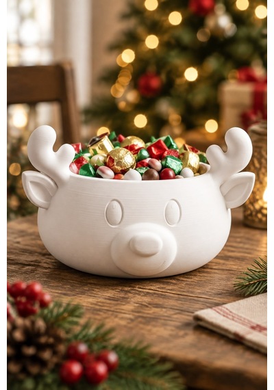 Sonbahar Ve Noel Temalı Ren Geyiği Figürlü Bowl - Sunum Kabı Beyaz