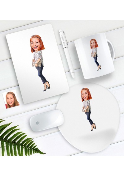 Kişiye Özel Bayan Karikatürlü Defter Kalem Kupa Mouse Pad Seti-11