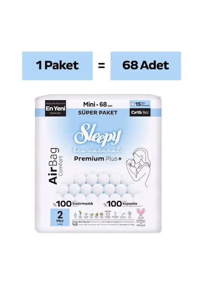 Sleepy Bio Natural Premium Plus Airbag Comfort Süper Paket Bebek Bezi 2 Numara Mini 68 Adet