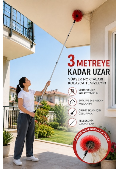 3 Metre Teleskopik Saplı Örümcek Ağı Temizleme Fırçası Seti Ayarlanabilir Uzun Saplı Tavan Duvar Toz Alma Fırçası